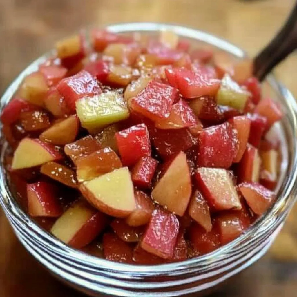 Delicious homemade rhubarb cinnamon jam in a jar with fresh rhubarb stalks.