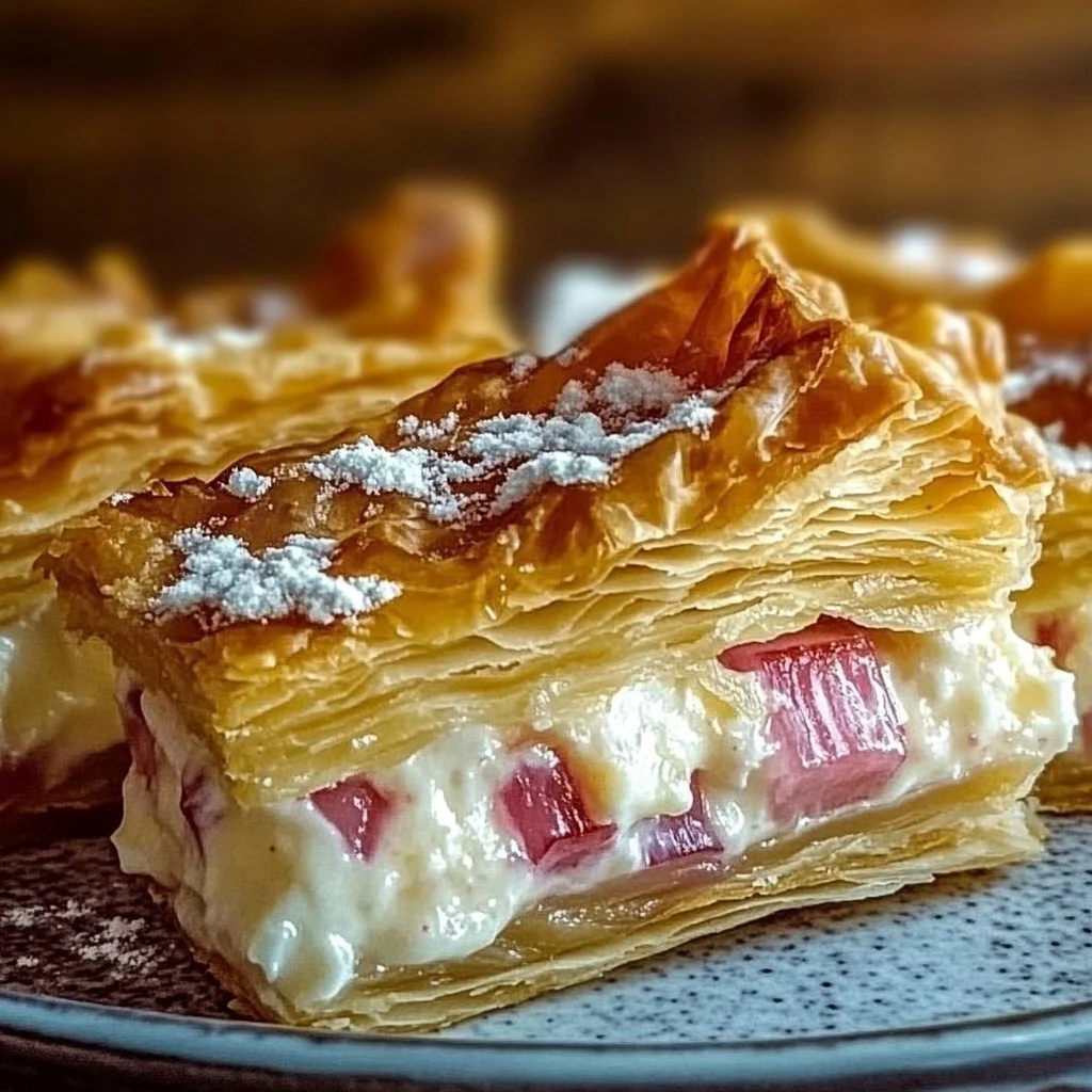 Freshly baked rhubarb cream cheese pastry on a wooden table