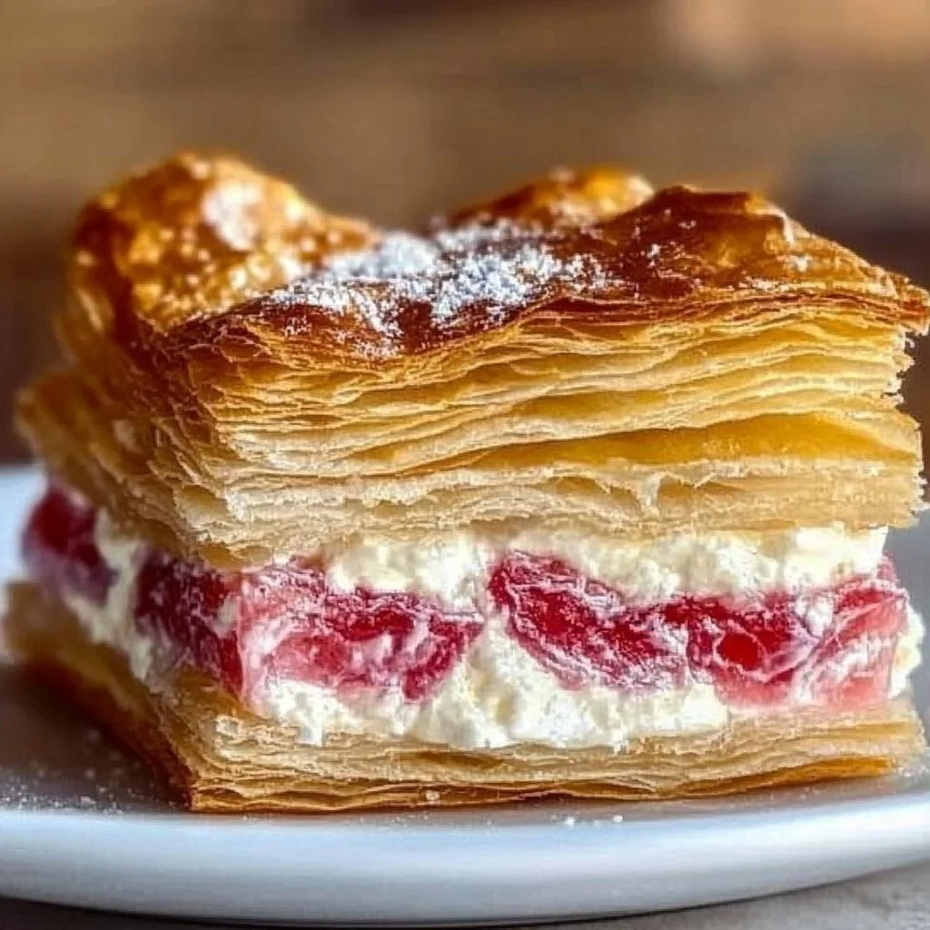 Delicious rhubarb cream cheese puff pastries topped with powdered sugar