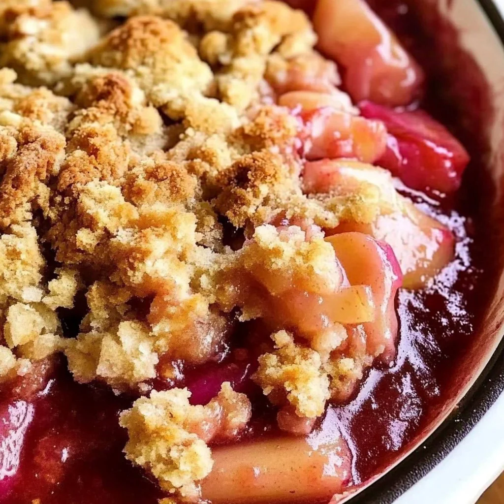Freshly baked rhubarb crisp with a crunchy topping served in a dish