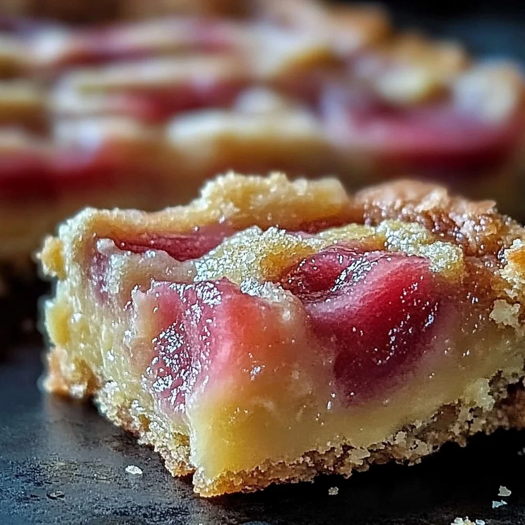 Delicious rhubarb custard bars on a serving plate