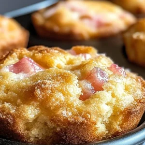 Freshly baked rhubarb muffins displayed on a rustic wooden table.