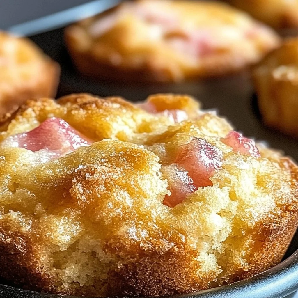 Freshly baked rhubarb muffins displayed on a rustic wooden table.