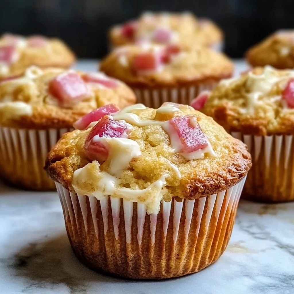 Rhubarb muffins with creamy filling baked to perfection on a cooling rack.