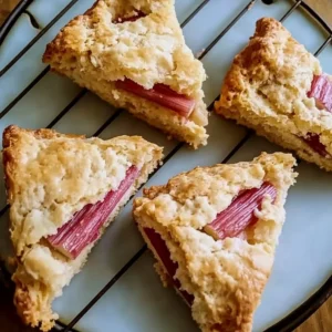 Freshly baked rhubarb scones on a plate with a cup of tea