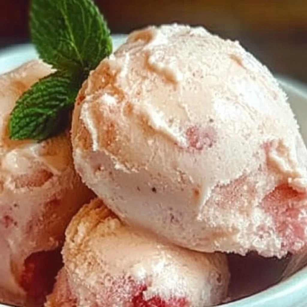 Delicious rhubarb vanilla ice cream topped with fresh rhubarb on a spoon.