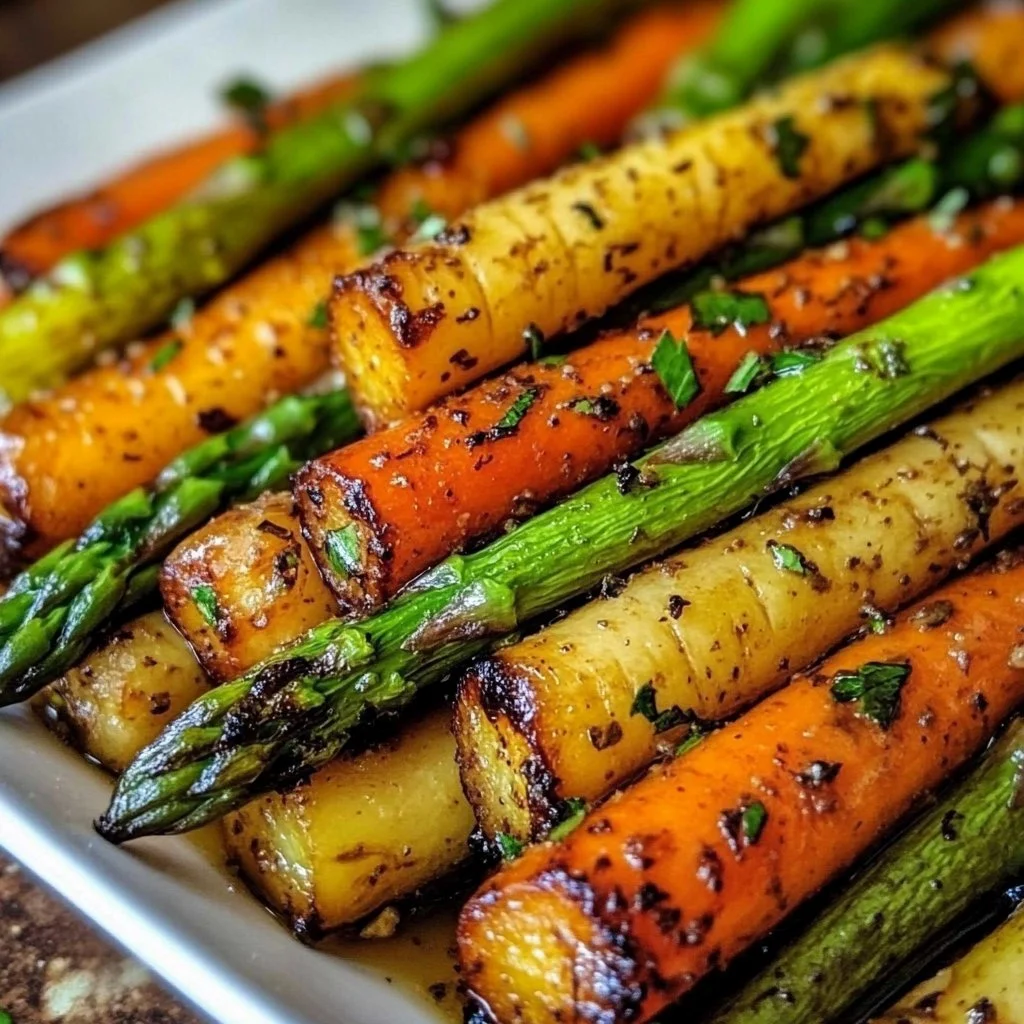 Roasted asparagus and carrots served on a plate, a healthy and vibrant dish.