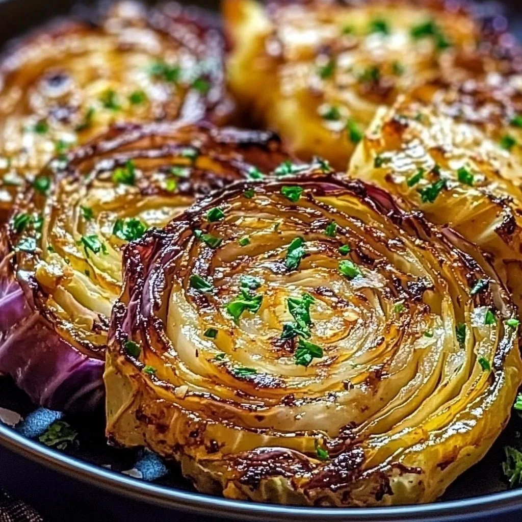 Roasted cabbage steaks arranged on a plate, garnished and ready to eat.