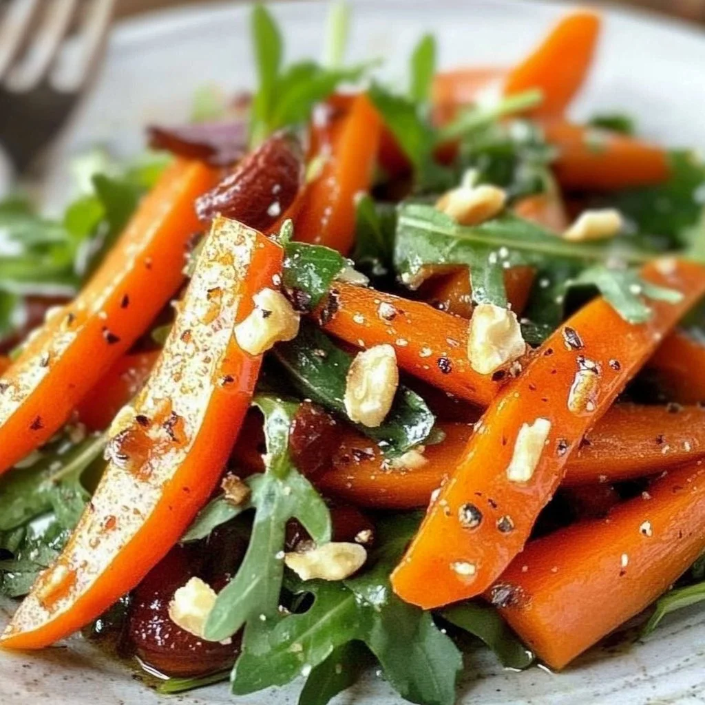 Delicious roasted carrot salad with fresh greens and dressing