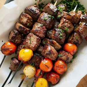 Delicious rosemary garlic steak kebabs on a grill