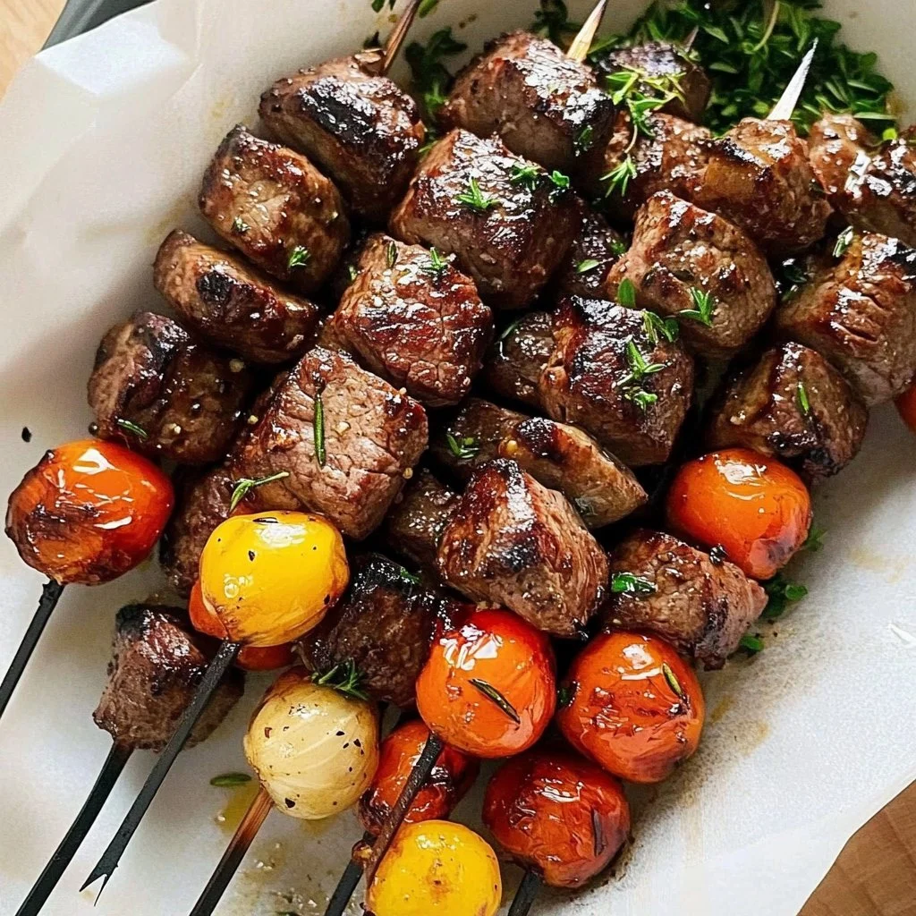 Delicious rosemary garlic steak kebabs on a grill