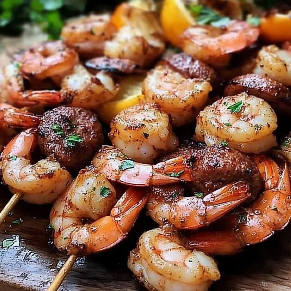 Sausage and shrimp kabobs on a grill, ready to be enjoyed.