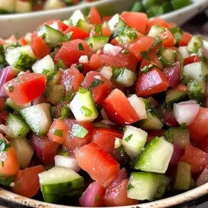 A colorful bowl of Shirazi Salad featuring cucumbers, tomatoes, and fresh herbs.