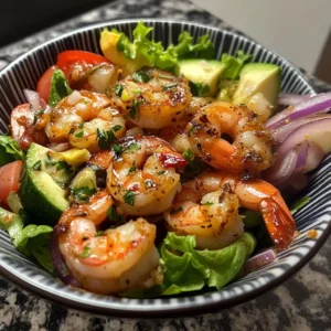 A vibrant shrimp salad with fresh vegetables and a light dressing
