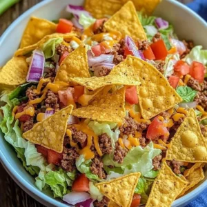 Deliciously layered Simple Doritos Taco Salad with toppings and Doritos
