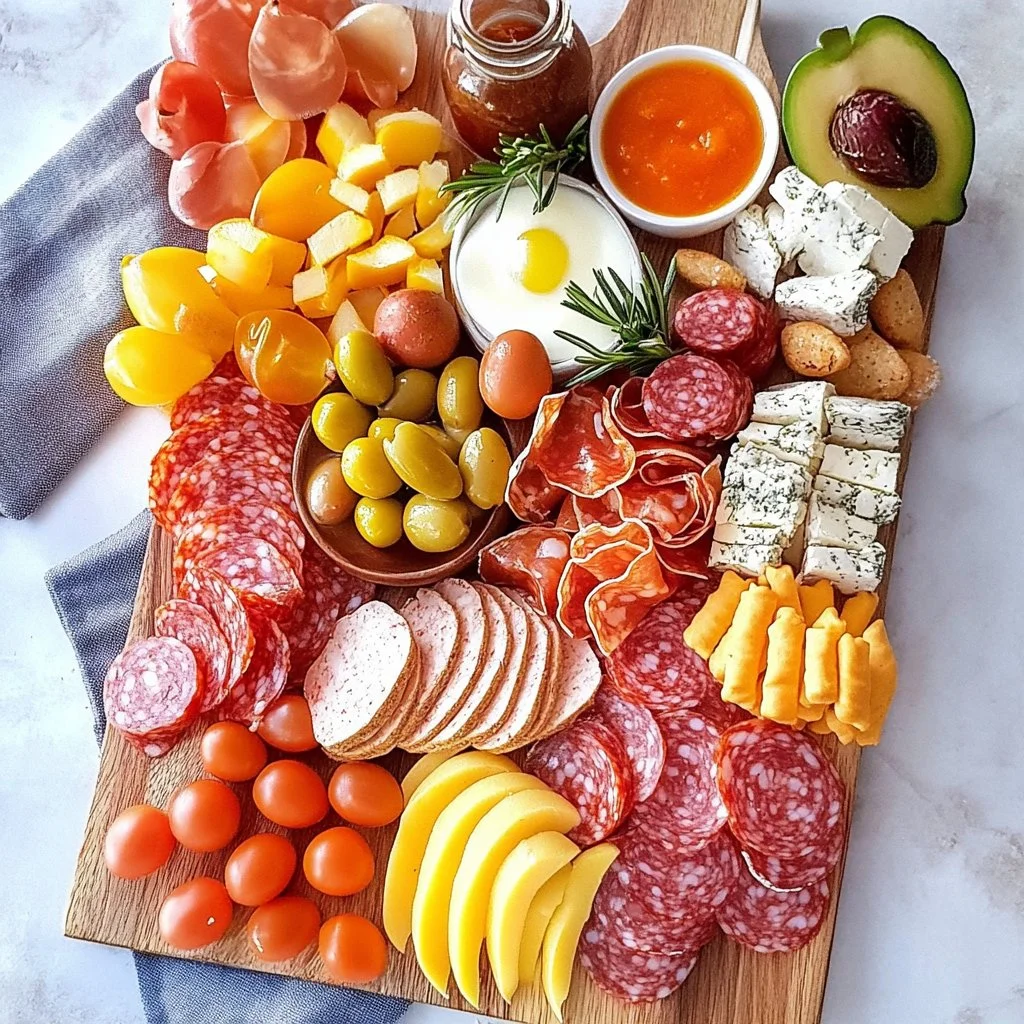 Colorful simple spring charcuterie board with fresh fruits, cheeses, and meats.