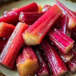 Delicious candied rhubarb dessert recipe with vibrant color and texture.