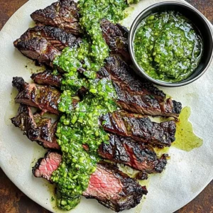 Marinated skirt steak served with chimichurri sauce on a plate
