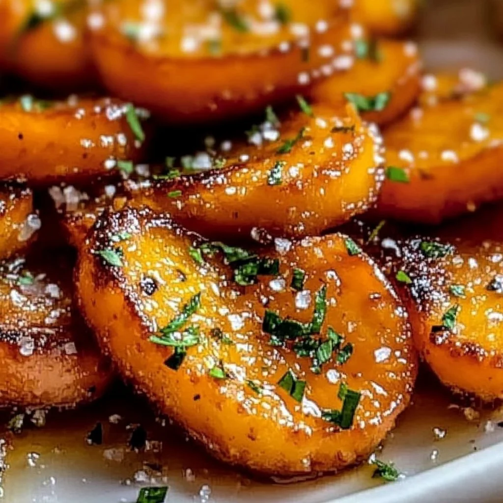 Smashed carrots topped with a sweet-savory glaze served in a bowl.