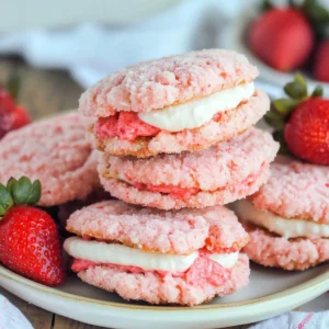 Soft strawberry cake mix sandwich cookies on a plate