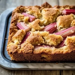 Sour Cream Rhubarb Coffee Cake with a slice on a decorative plate