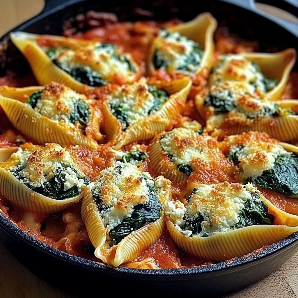 Plate of spinach and ricotta stuffed shells topped with marinara sauce