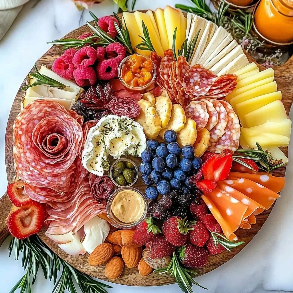 Colorful spring charcuterie board featuring seasonal fruits, cheeses, and meats