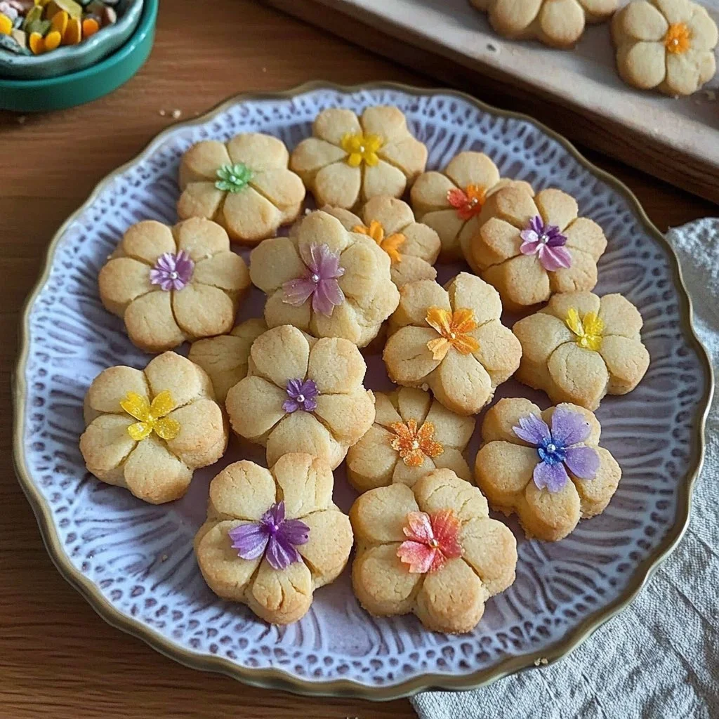 Decorative spring flower shortbread cookies on a pastel plate