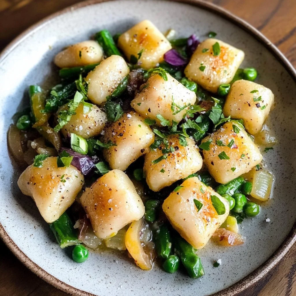 Delicious spring vegetable brown butter gnocchi served in a bowl.