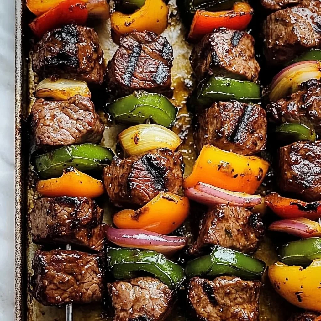 Grilled steak kabobs with colorful vegetables on a skewer