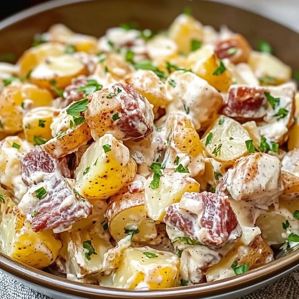 Creamy steakhouse potato salad garnished with herbs and served in a bowl