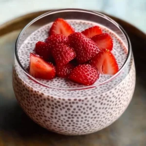 Delicious strawberry chia seed pudding topped with fresh strawberries and mint.