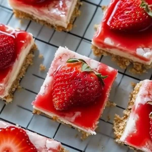 Strawberry Coconut No-Bake Cheesecake Bars garnished with fresh strawberries and coconut flakes