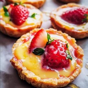 Delicious Strawberry Honey Custard Tarts garnished with lemon curd.