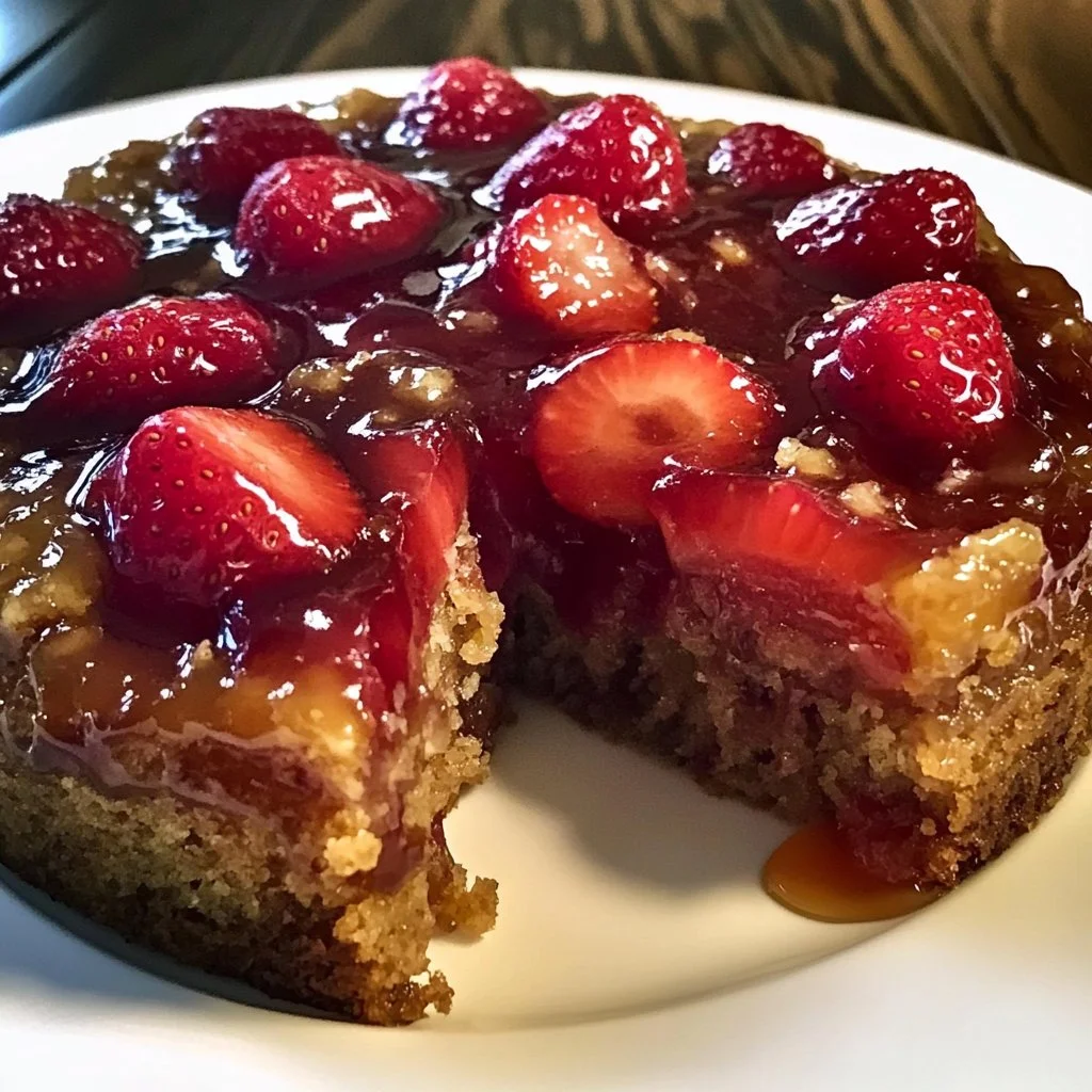 Strawberry honey upside down cake topped with fresh strawberries and honey glaze.