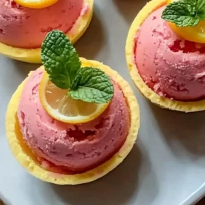 Bowl of vibrant Strawberry Lemon Mint Sorbet with fresh strawberries and mint leaves