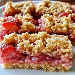 Freshly baked strawberry rhubarb bars on a plate