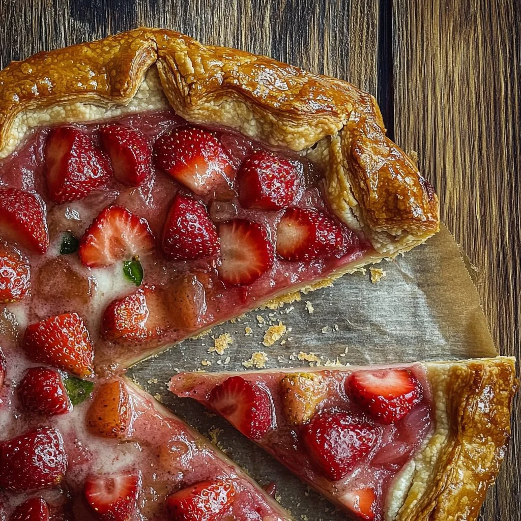 Freshly baked Strawberry Rhubarb Galette on a rustic wooden table