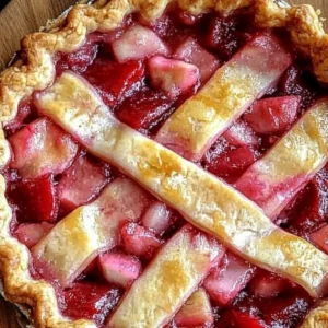 Freshly baked Strawberry Rhubarb Pie with a golden crust and vibrant filling.