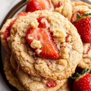 Freshly baked Strawberry Shortcake Cookies with strawberries and cream