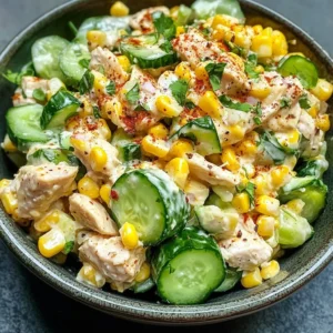 Creamy cucumber chicken salad with street corn served in a bowl