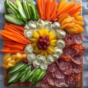 Beautiful summer charcuterie board featuring fresh fruits, meats, and cheeses.
