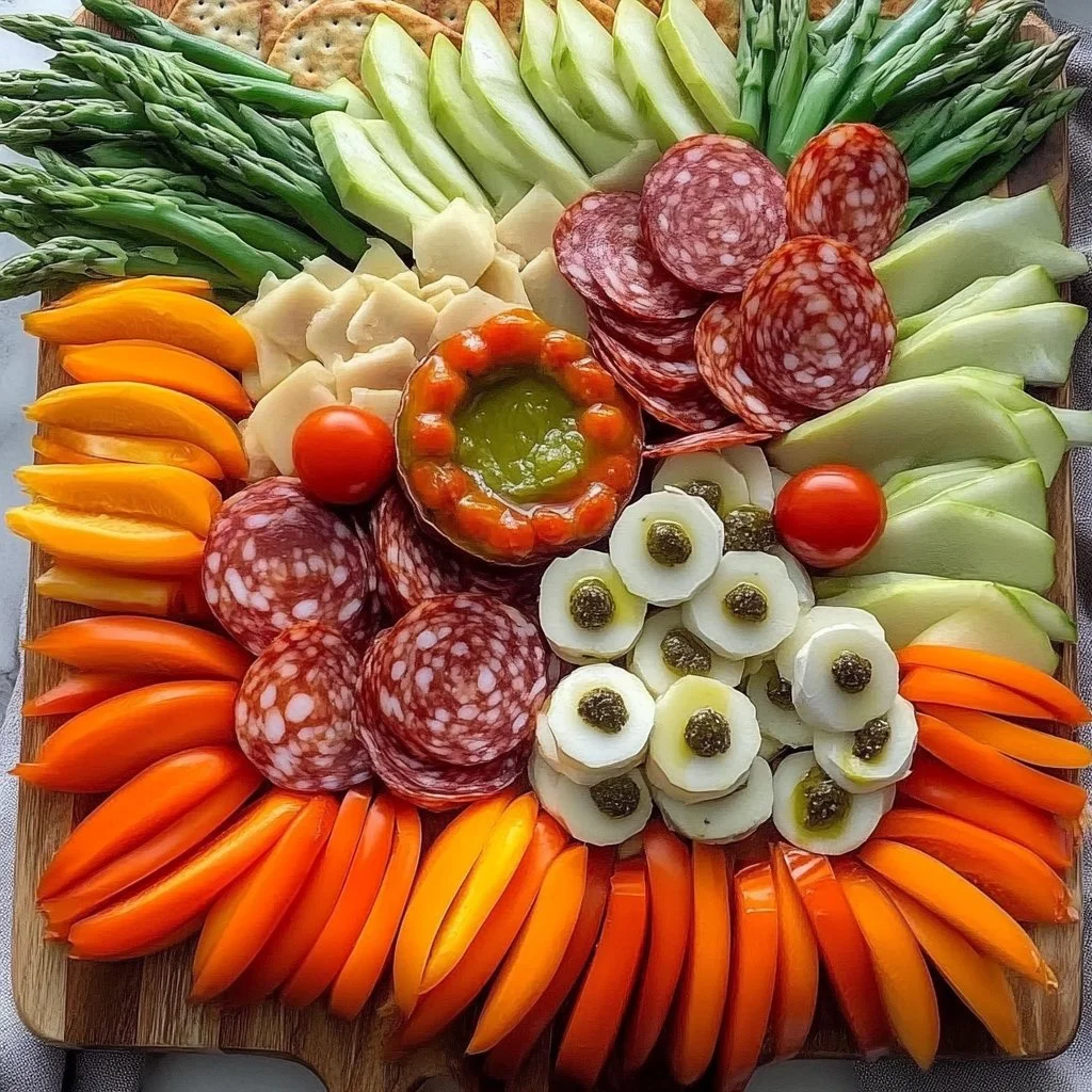 A vibrant summer charcuterie board with cheeses, fruits, and nuts