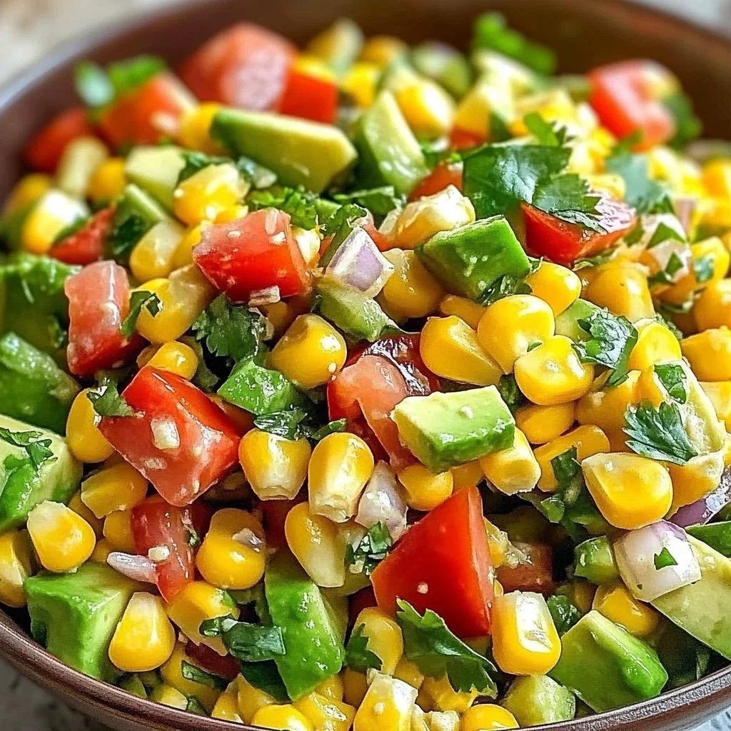 Summer corn salad with avocado and vegetables in a bowl