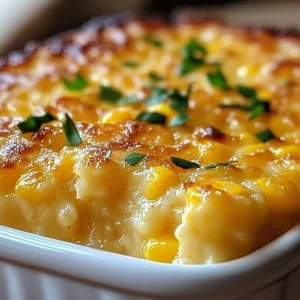 Sweet Corn Pudding Casserole baked in a golden dish, showcasing a creamy texture.