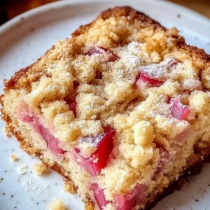 Delicious homemade rhubarb cake with fresh rhubarb topping