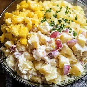 Bowl of the best creamy potato salad garnished with herbs