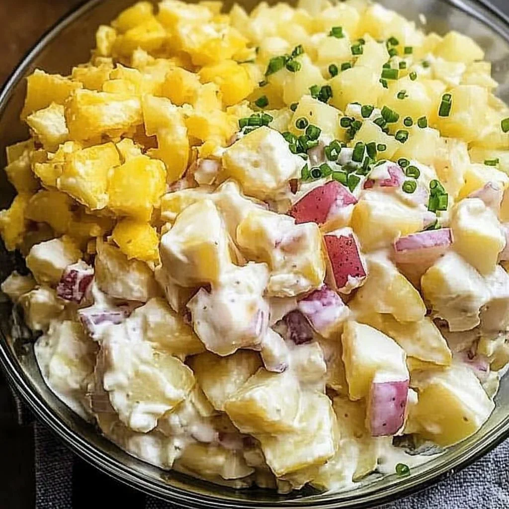 Bowl of the best creamy potato salad garnished with herbs