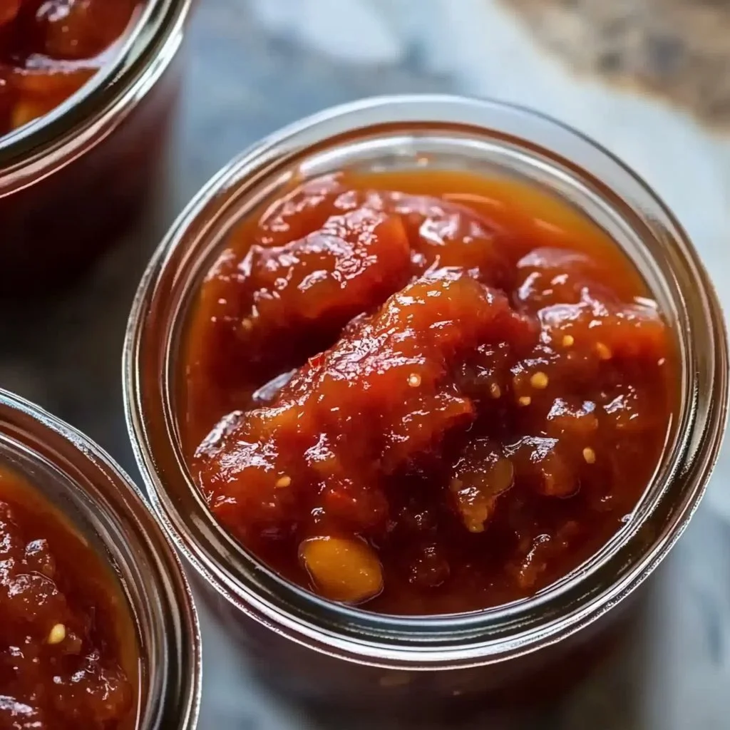 Homemade tomato jam with fresh ingredients in a jar.