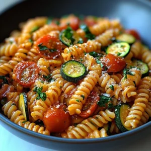 Delicious Tomato Zucchini Pasta served in a bowl with fresh herbs.